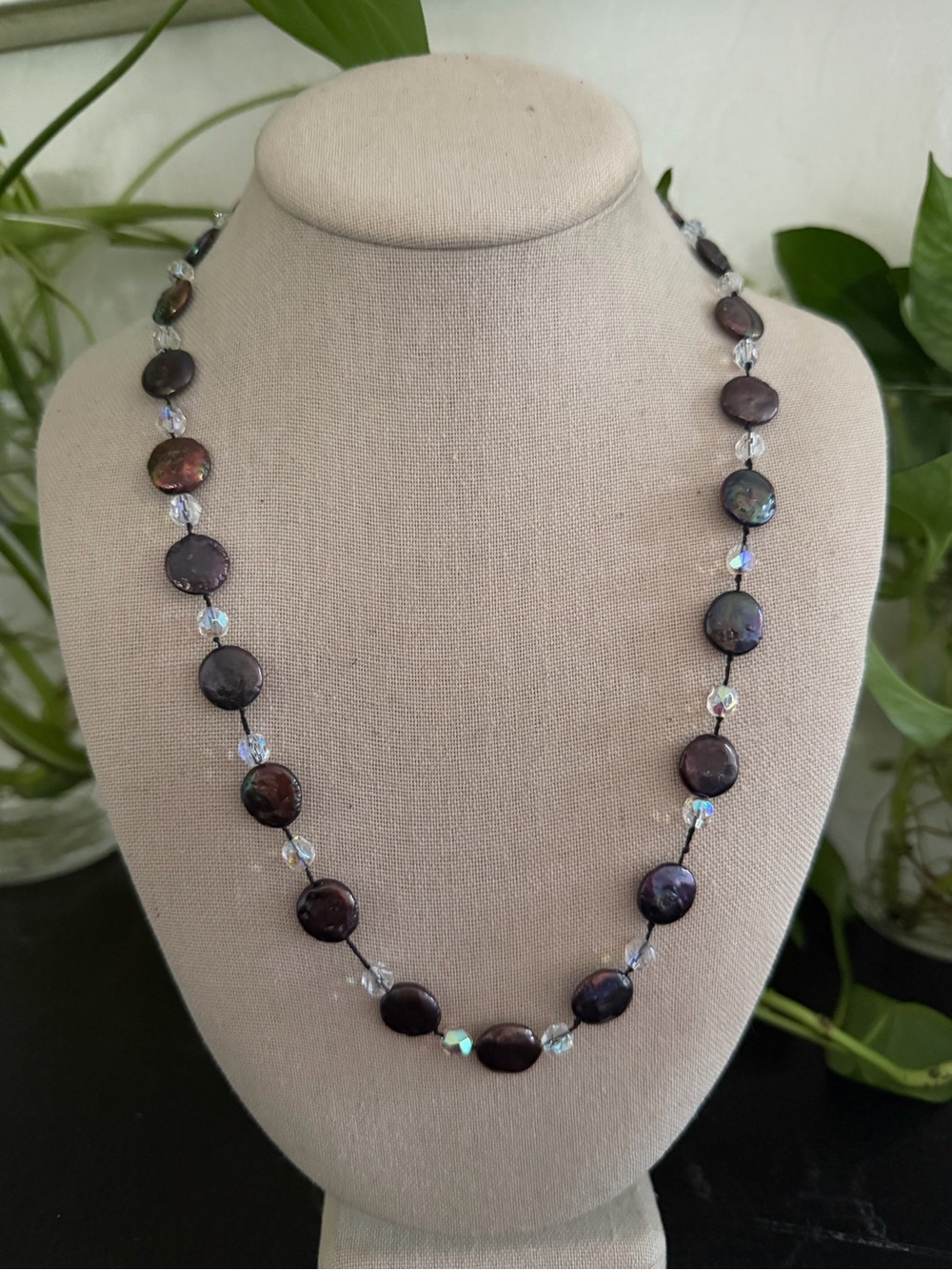 Vintage Genuine Iridescent Black Fresh Water Pearls & Crystal Necklace